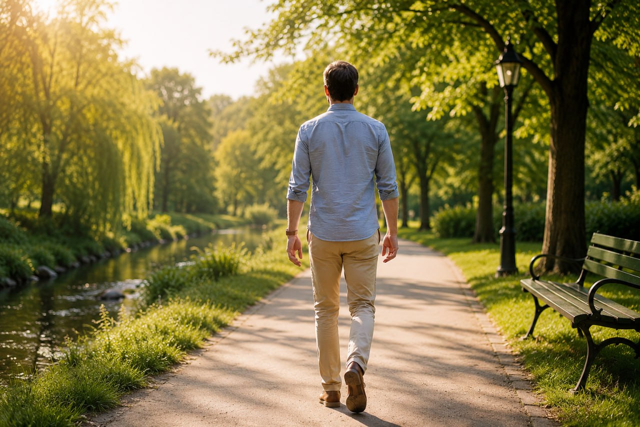 Ein ruhiger Spaziergang auf einem sonnigen Parkweg am Wasser