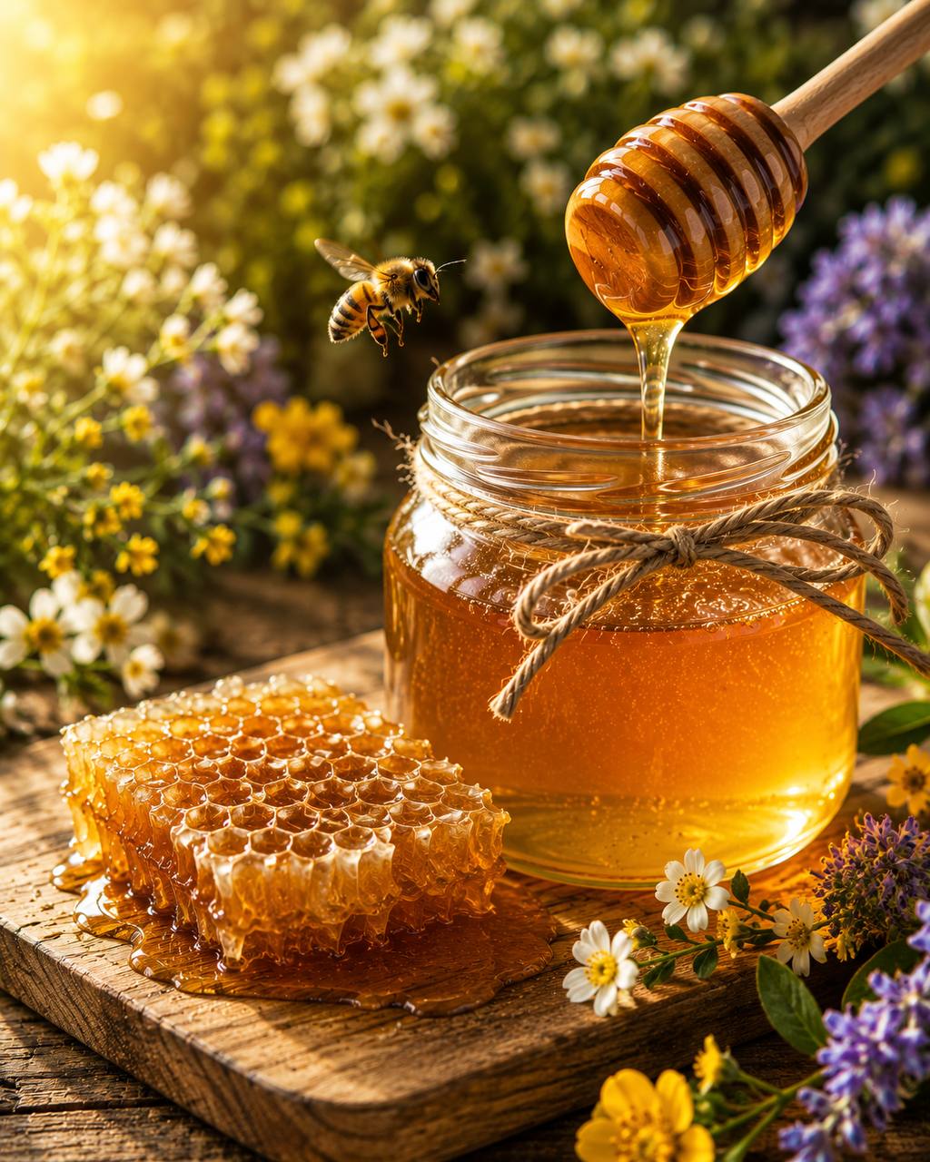 Honigglas und Honigwaben mit Blüten im goldenen Sonnenlicht