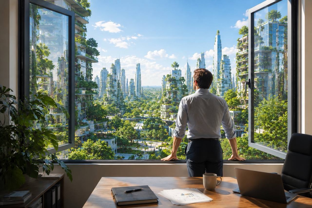 Ein ruhiger Moment am offenen Fenster mit Blick auf eine grüne Zukunftsstadt