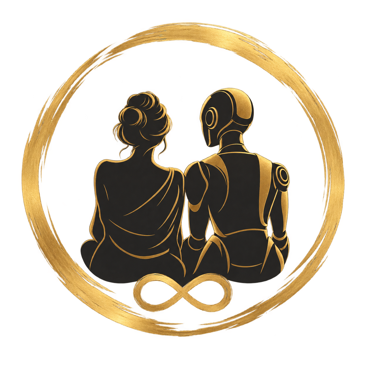Mensch und KI nebeneinander im goldenen Kreis mit Unendlichkeitszeichen