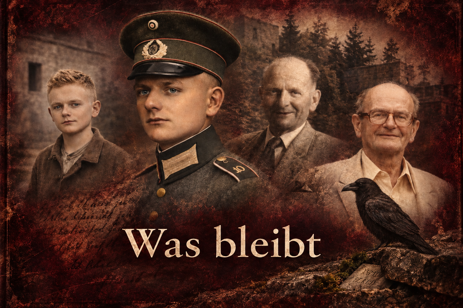 Künstlerische Collage von Ernsts Lebensphasen, mit einem schwarzen Raben auf verwitterten Steinen und dem Titel Was bleibt