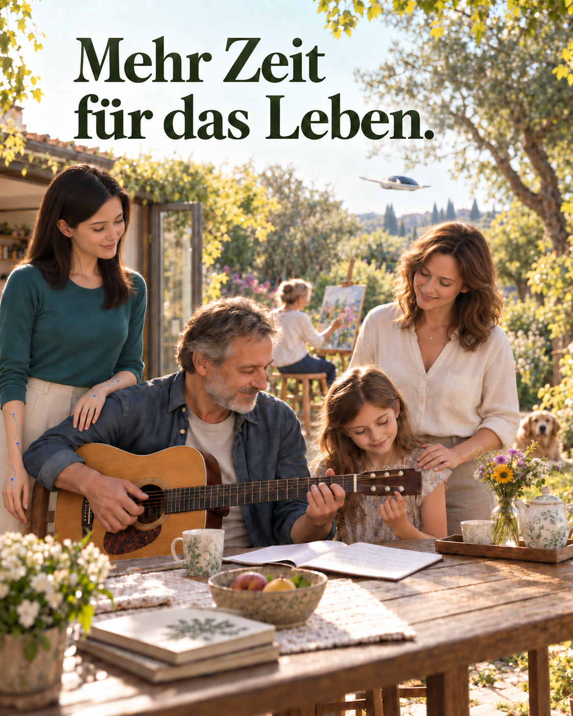 Zukunftsbild: Familie und Androidin genießen gemeinsame Zeit im Garten; im Hintergrund malt Omi.